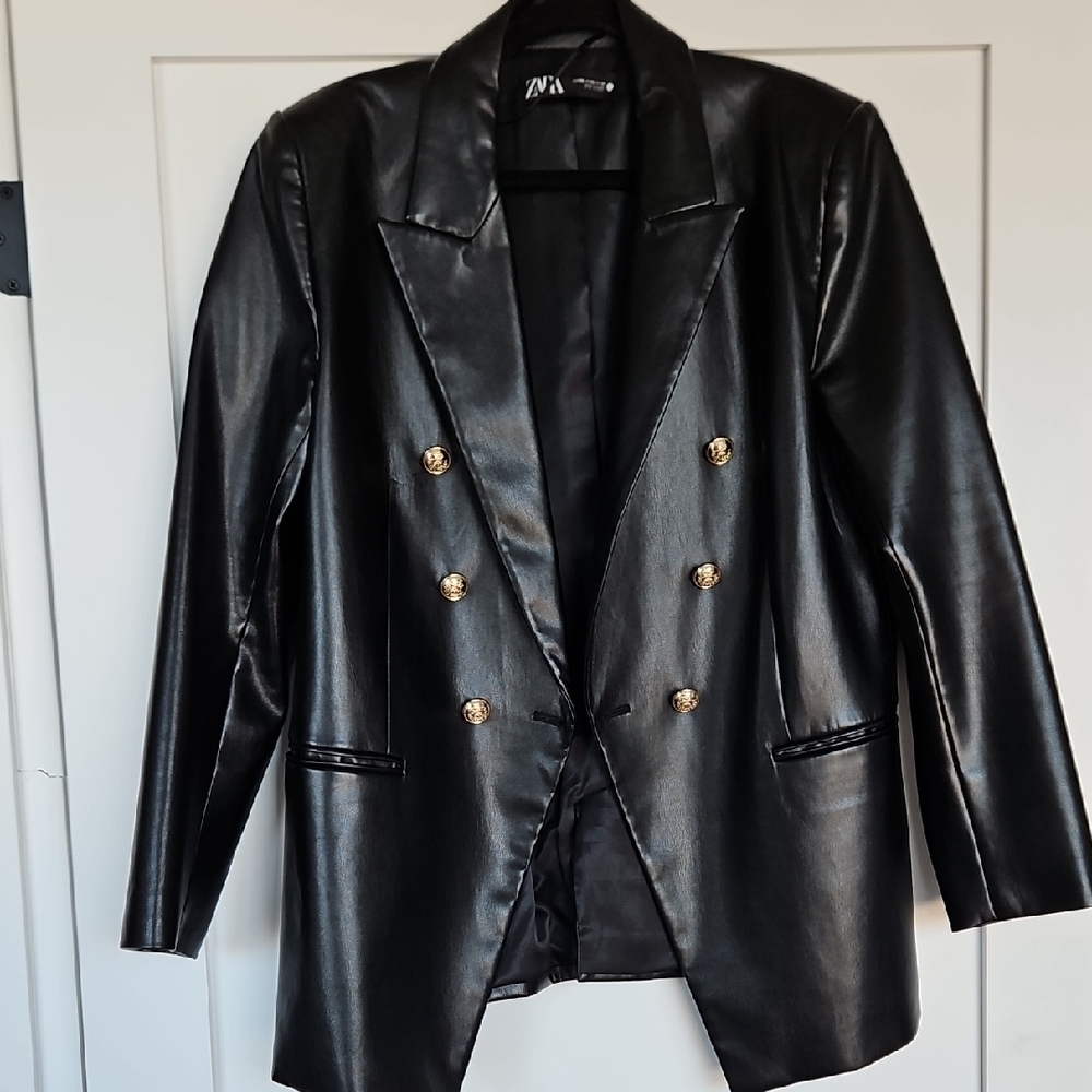 Zara Black Faux Leather Double-Breasted Blazer with Gold Buttons